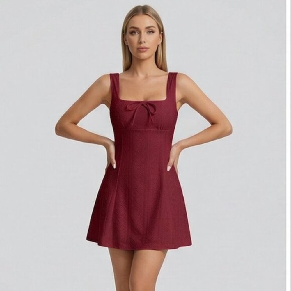 Square Neck  Eyelet  A-Line Sun Dress Burgundy